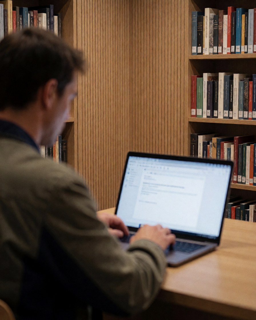 Un homme mature travaille concentré sur son ordinateur portable dans une bibliothèque entourée de rayonnages de livres, évoquant un environnement d'apprentissage dédié.