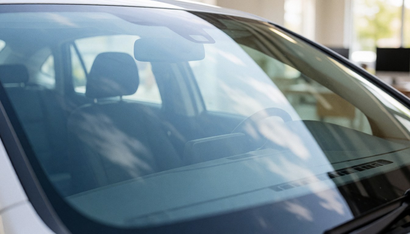 Pare-brise automobile propre et transparent avec de doux reflets du ciel, idéal pour servir de fond à des textes promotionnels sur le nettoyage de vitres.