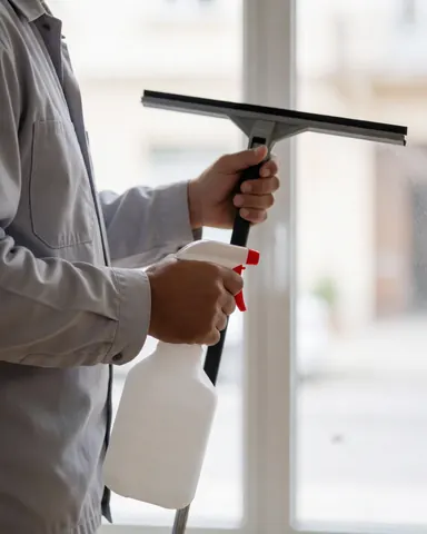 Un professionnel du nettoyage tient une raclette et un flacon, devant une fenêtre avec un cadre visible et une lumière naturelle.