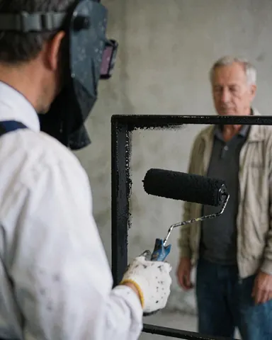Un client examine la peinture d'une rambarde métallique dans un atelier aux murs en béton. Travail de metallo en cours.
