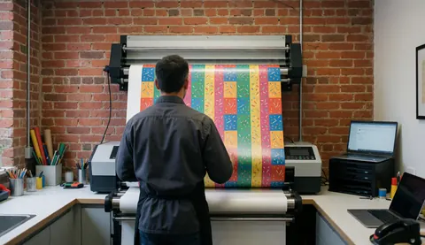 Un opérateur guide un rouleau de papier cadeau coloré sur une imprimante industrielle devant un mur de briques rouges dans un atelier d'impression.