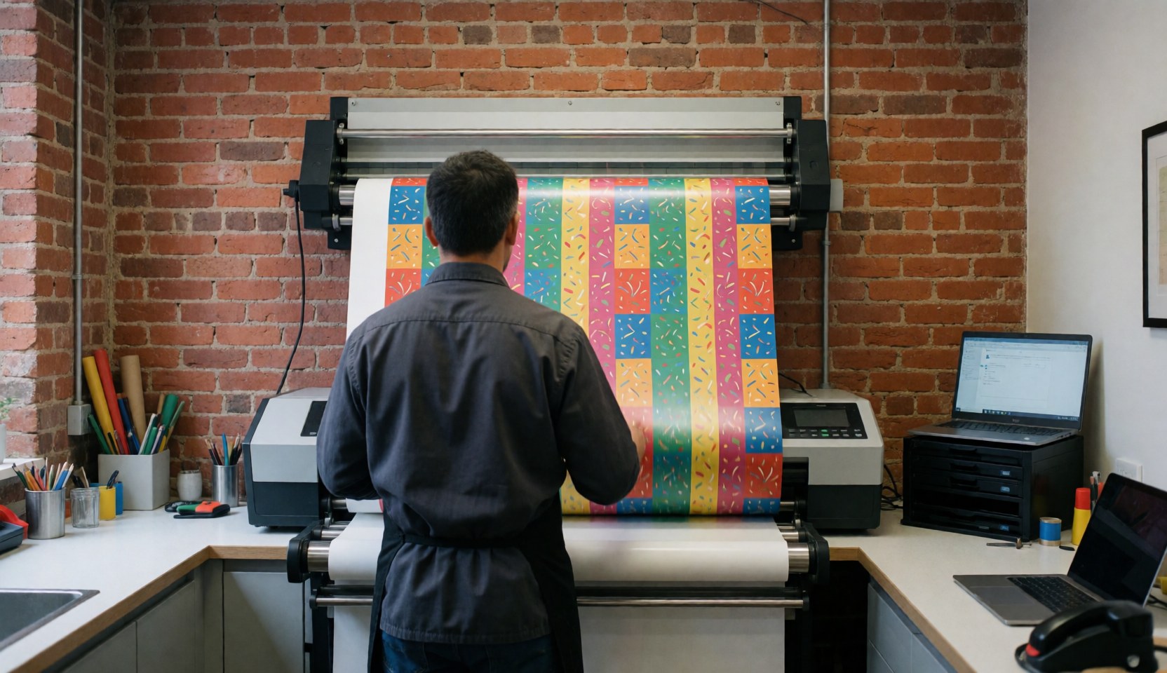 Un opérateur guide un rouleau de papier cadeau coloré sur une imprimante industrielle devant un mur de briques rouges dans un atelier d'impression.