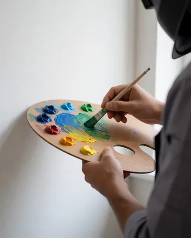 Une main mélange de la peinture bleue et jaune sur une palette en bois devant un mur blanc pour un cours de peinture.
