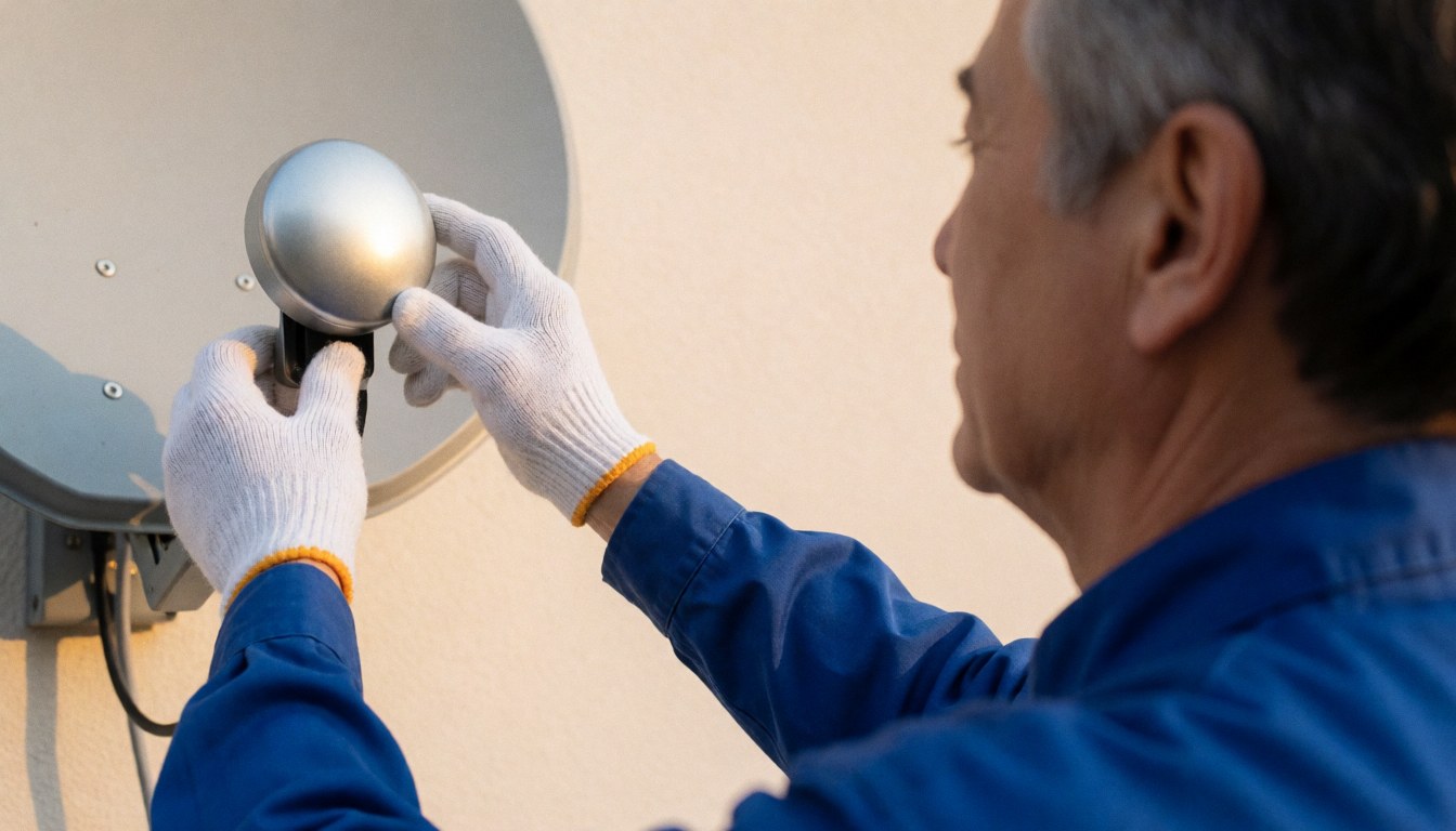 Un technicien en uniforme bleu avec des gants blancs ajuste un LNB sur une antenne satellite fixée à un mur blanc.