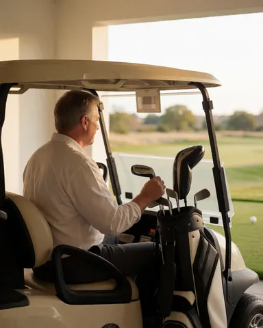 Un homme dans un chariot de golf tient ses clubs avec le parcours et le trou en arrière-plan sous la lumière dorée du soir.