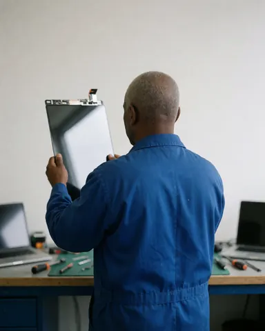 Technicien de réparation de téléphones tenant un écran OLED, avec outils et uniforme bleu dans un atelier équipé de tables et d'ordinateurs.