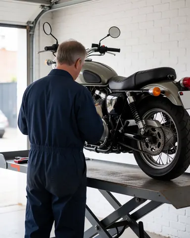 Mécanicien en combinaison inspectant le moteur d'une moto sur un élévateur hydraulique dans un atelier avec murs de briques blanches et lumière naturelle.