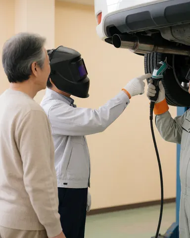 Mécanicien portant un casque de soudage explique à un client la réparation du système d'échappement dans un atelier automobile.