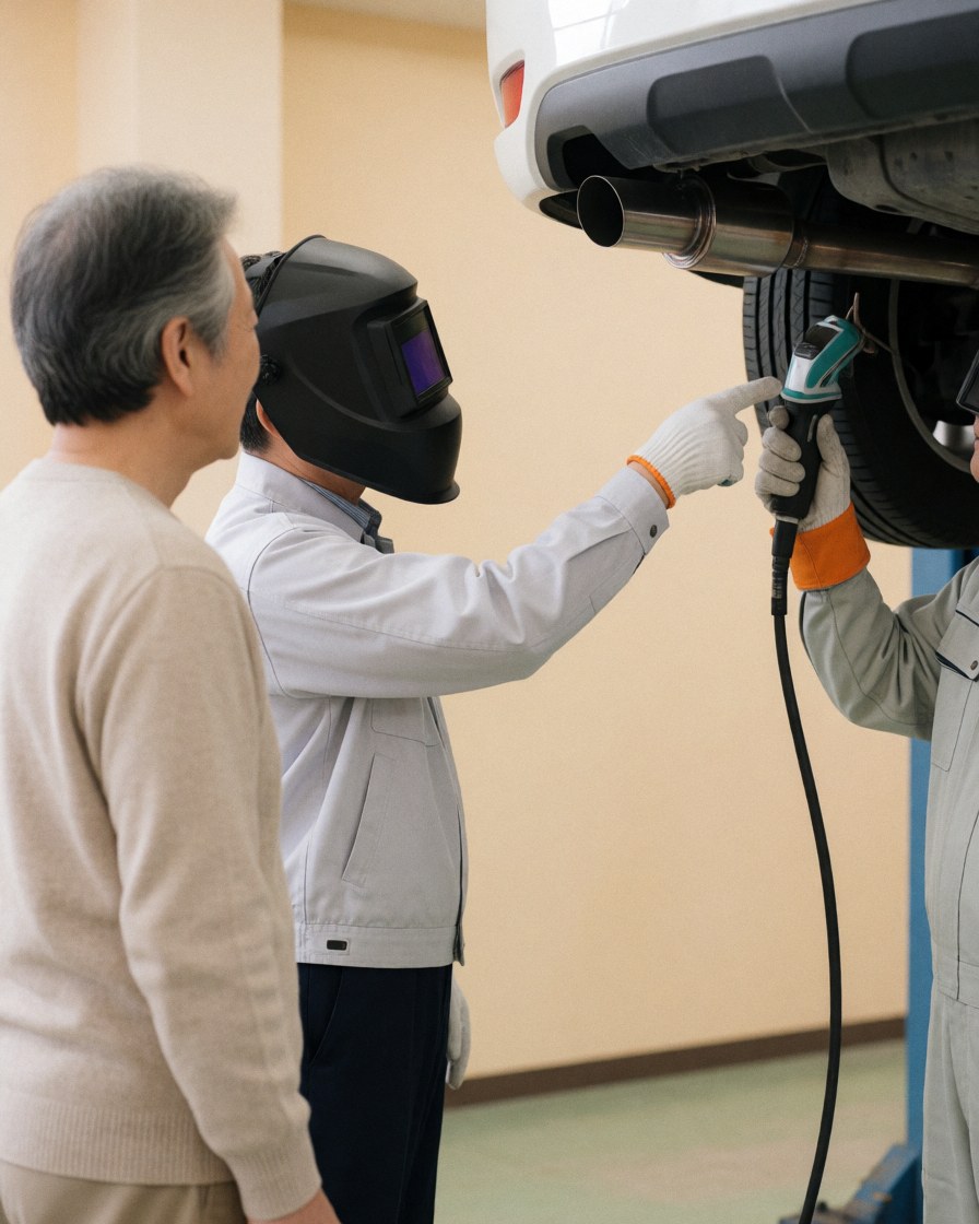 Mécanicien portant un casque de soudage explique à un client la réparation du système d'échappement dans un atelier automobile.