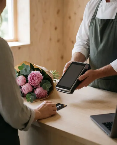 Un fleuriste accueille un client qui paie par carte bancaire, avec un bouquet de pivoines et d'eucalyptus posé sur un comptoir en bois clair.