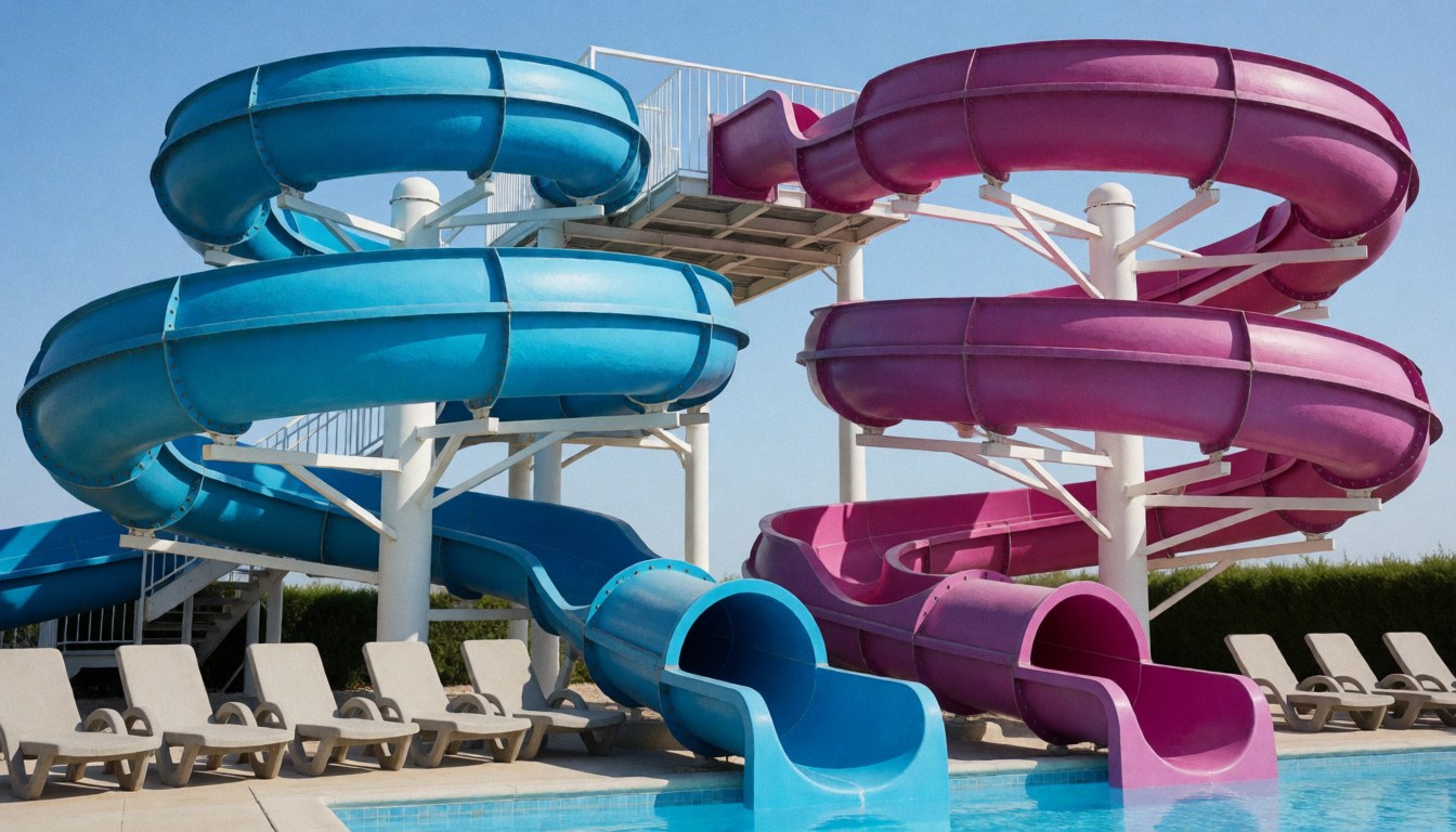 Toboggans bleus et magentas dans un parc aquatique avec piscine et transats vides sous un ciel clair.