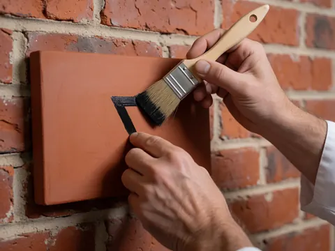 Main appliquant du slip noir avec un pinceau sur de la terre cuite rouge devant un mur de briques, détail d'un atelier de céramique.