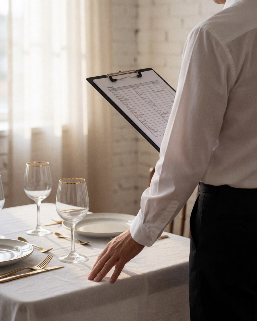 Un coordinateur d'événements arrange la vaisselle dorée sur une table avec des nappes blanches dans un salon aux murs de briques blanches.