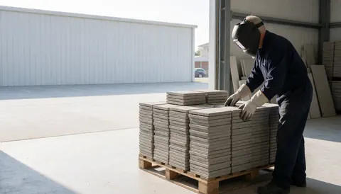 Un ouvrier portant un casque de soudage et des gants manipule des piles de tuiles de béton sur une palette dans un entrepôt industriel.