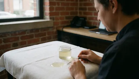 Un professionnel applique du gel de dépilation laser sur une table avec une serviette blanche, un mur en briques et une lumière naturelle dans un salon.
