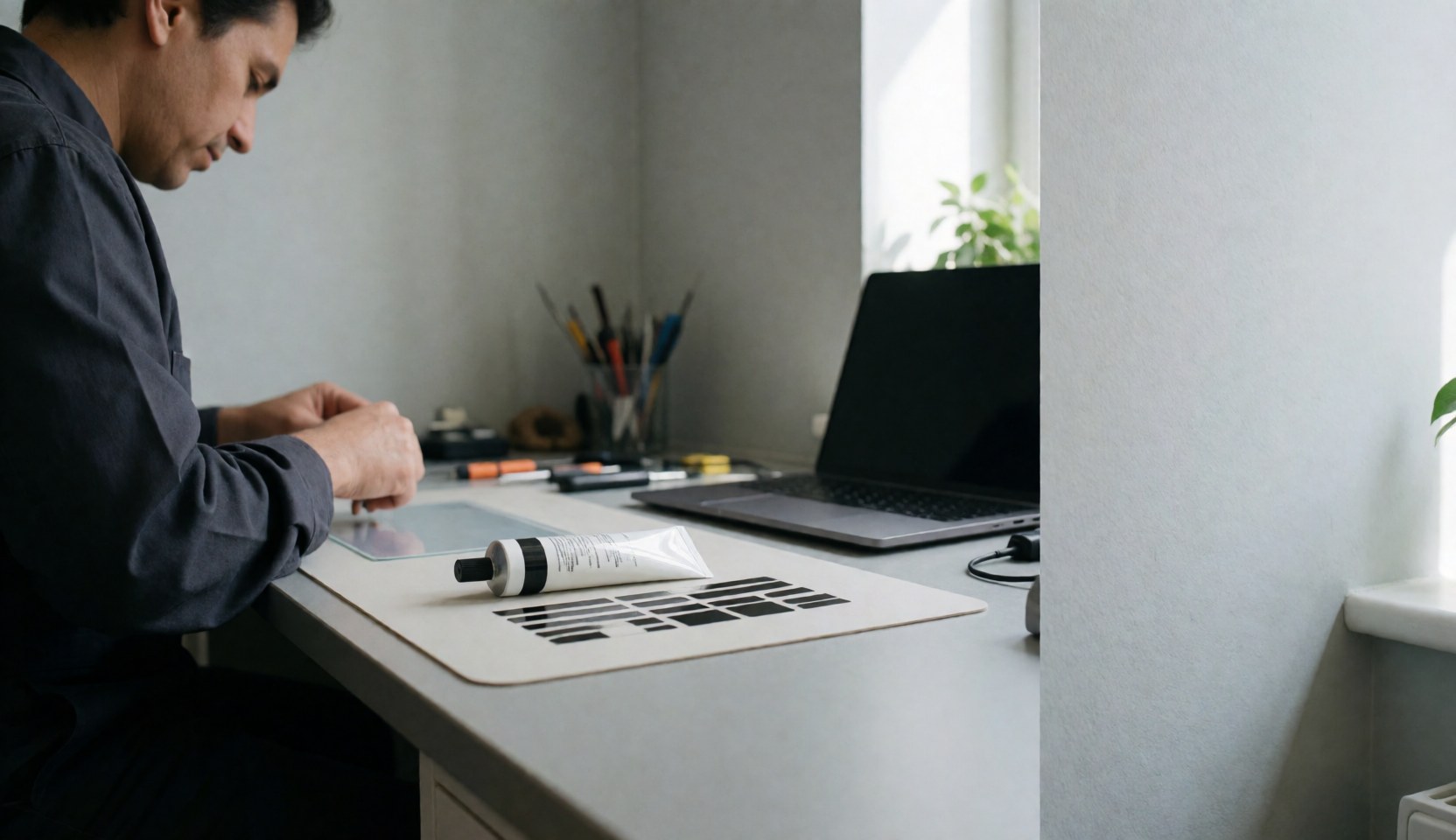 Tige d'adhésif pour réparation d'écrans sur une table propre avec lumière naturelle et espace pour texte.
