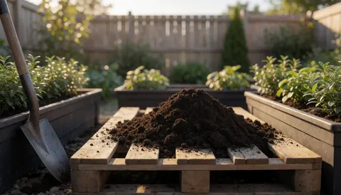 Pile de terre organique sur palette en bois avec pelle métallique et pots de plantes dans un jardin au coucher du soleil, idéal pour un service de jardinage.