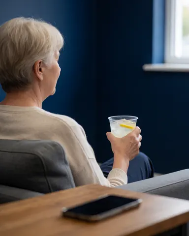 Une femme adulte souriante tient un verre de limonade avec glaçons, assise sur un canapé gris dans un salon aux murs bleus, avec un téléphone sur une table.