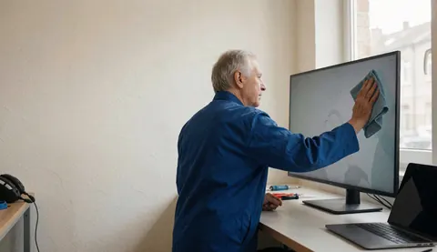 Un technicien professionnel nettoie un grand écran de moniteur avec un chiffon en microfibre dans un bureau bien éclairé, illustrant un service de réparation de télévision en action.
