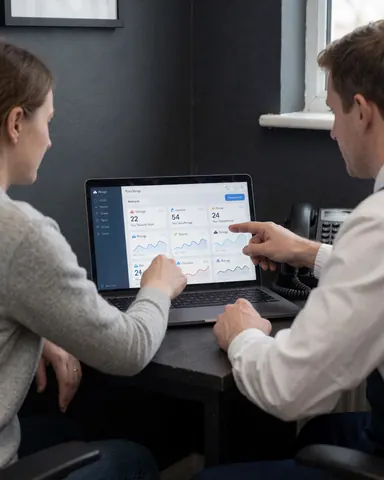 Un client et un technicien vérifient ensemble les données de stockage affichées sur un écran d'ordinateur portable dans un environnement professionnel gris.