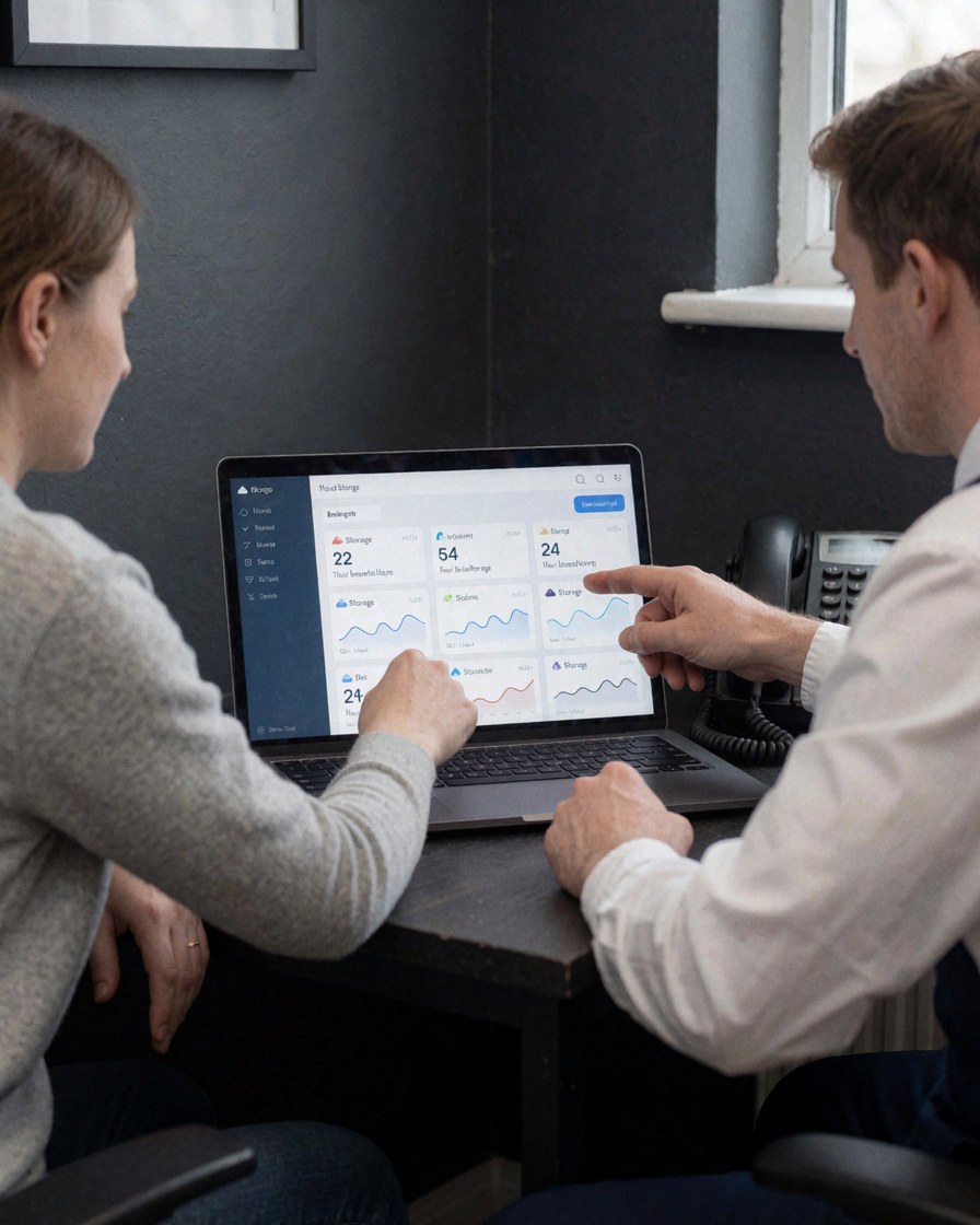 Un client et un technicien vérifient ensemble les données de stockage affichées sur un écran d'ordinateur portable dans un environnement professionnel gris.