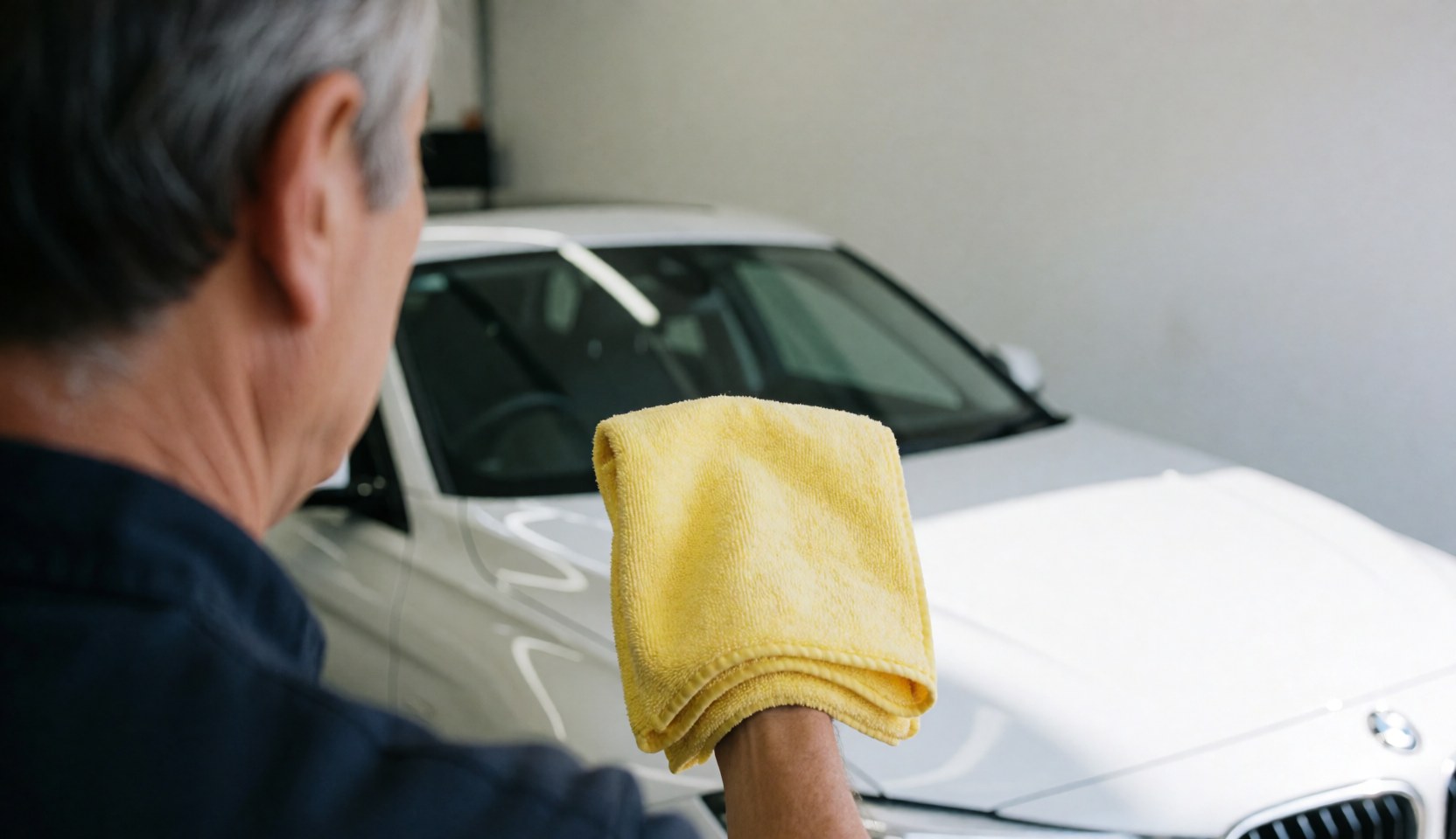 Un homme utilise un chiffon jaune pour polir une voiture blanche dans un atelier aux murs blancs éclairé par la lumière naturelle.