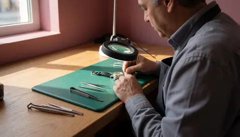 Un horloger âgé travaille avec précision dans son atelier, utilisant une loupe et des outils sur une table en bois avec une lumière naturelle.