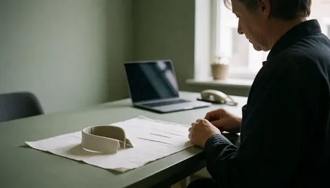 Mains d'un couturier cousant un col de chemise sur un tissu blanc posé sur une table de travail.