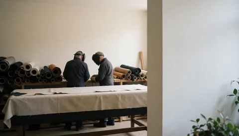 Deux tapissiers travaillent sur un tabouret recouvert de tissu dans un atelier avec des rouleaux de cuir et des murs blancs.