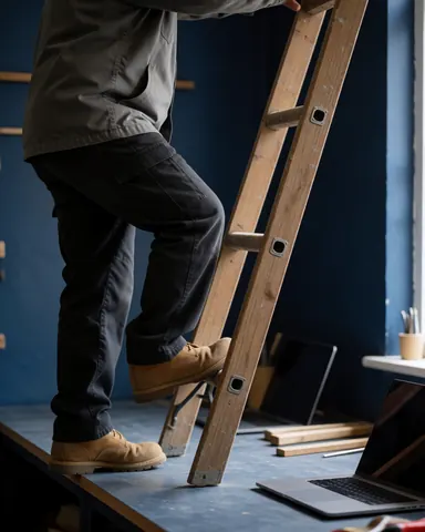 Une cliente teste une échelle en bois dans un atelier de menuiserie aux murs bleus avec une lumière naturelle.