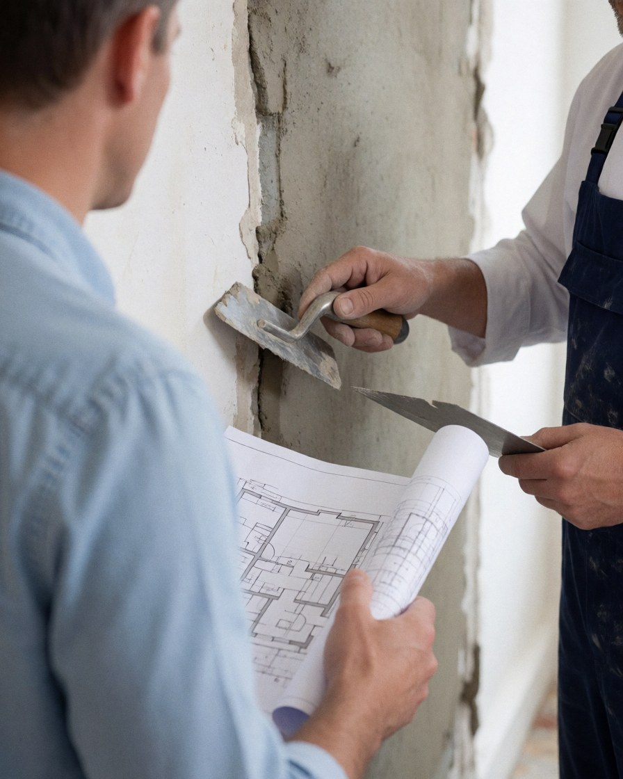 Un client consulte un plan de construction avec un maçon qui applique du mortier sur un mur en cours de réalisation.