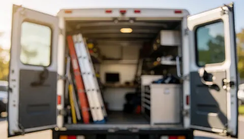 Arrière-plan flou d'un camion d'installateur d'escaliers contenant des échelles et des boîtes à outils, baigné d'une lumière chaude de coucher de soleil.