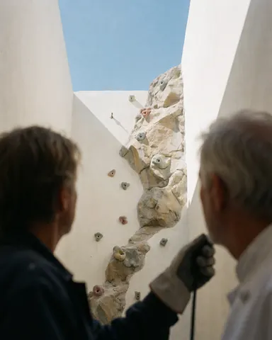 Une cliente portant un gant observe un mur d'escalade artificiel équipé de prises de différentes formes sous un ciel bleu clair.