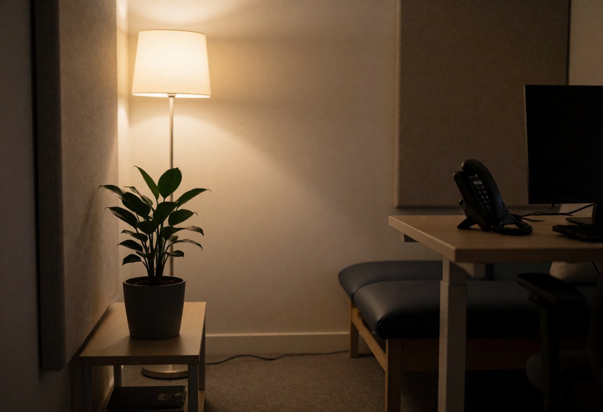 Scène de thérapie avec mur acoustique, plante en pot, lampe de chevet et bureau, ambiance calme et professionnelle.