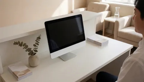 Réception de salon de beauté équipée d'un ordinateur, de brochures et de chaises d'attente, baignée de lumière naturelle.