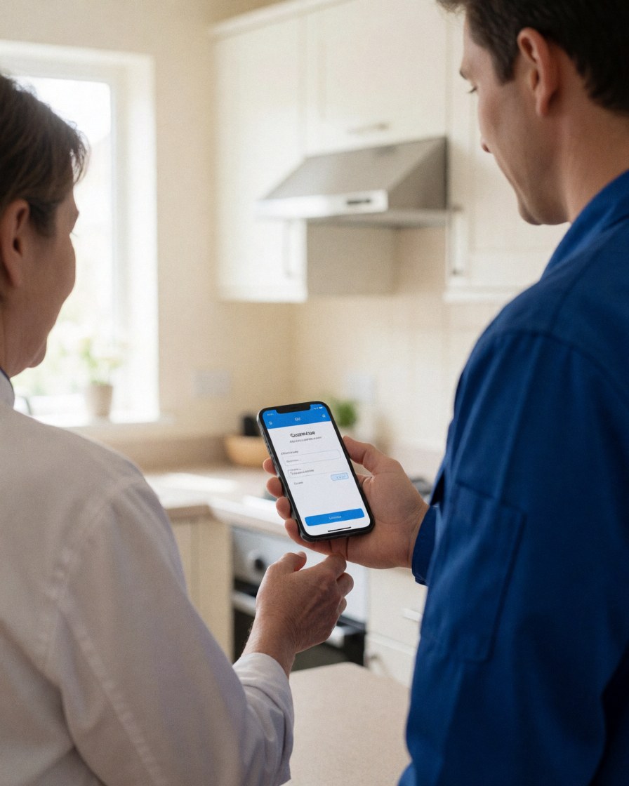 Un technicien en uniforme bleu présente l'écran de paiement de son smartphone à un client dans une cuisine moderne éclairée par la lumière naturelle.