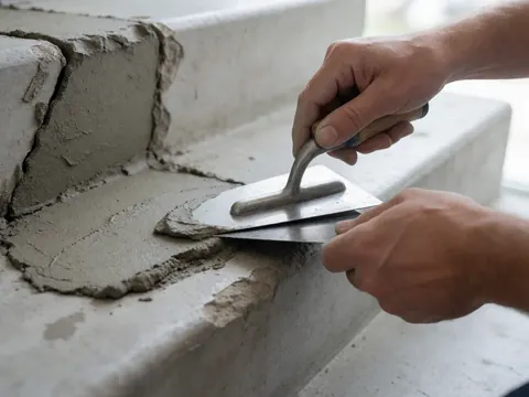 Gros plan d'une main utilisant une truelle pour appliquer du mortier dans une fissure d'un escalier en béton lors d'une réparation.