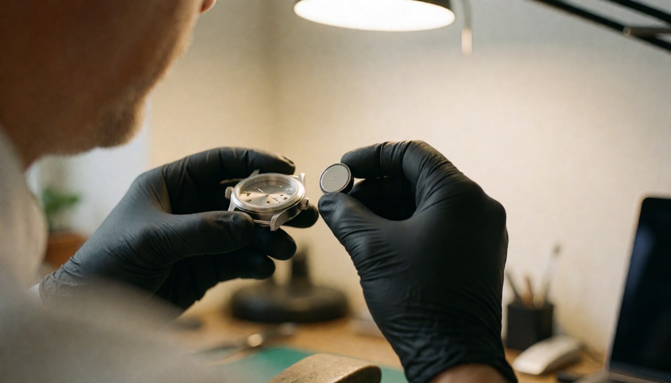 Un technicien horloger effectue une réparation de montre sur une table de travail équipée d'un éclairage spécifique et portant des gants de protection noirs.