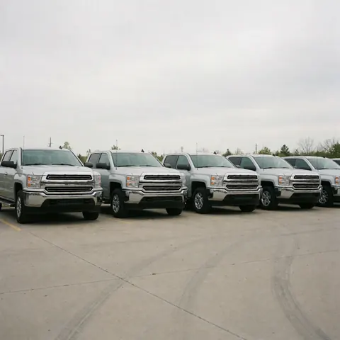 Vue large d'une rangée de camions pick-up argentés sur un terrain en béton sous un ciel nuageux, idéal pour la vente de véhicules.