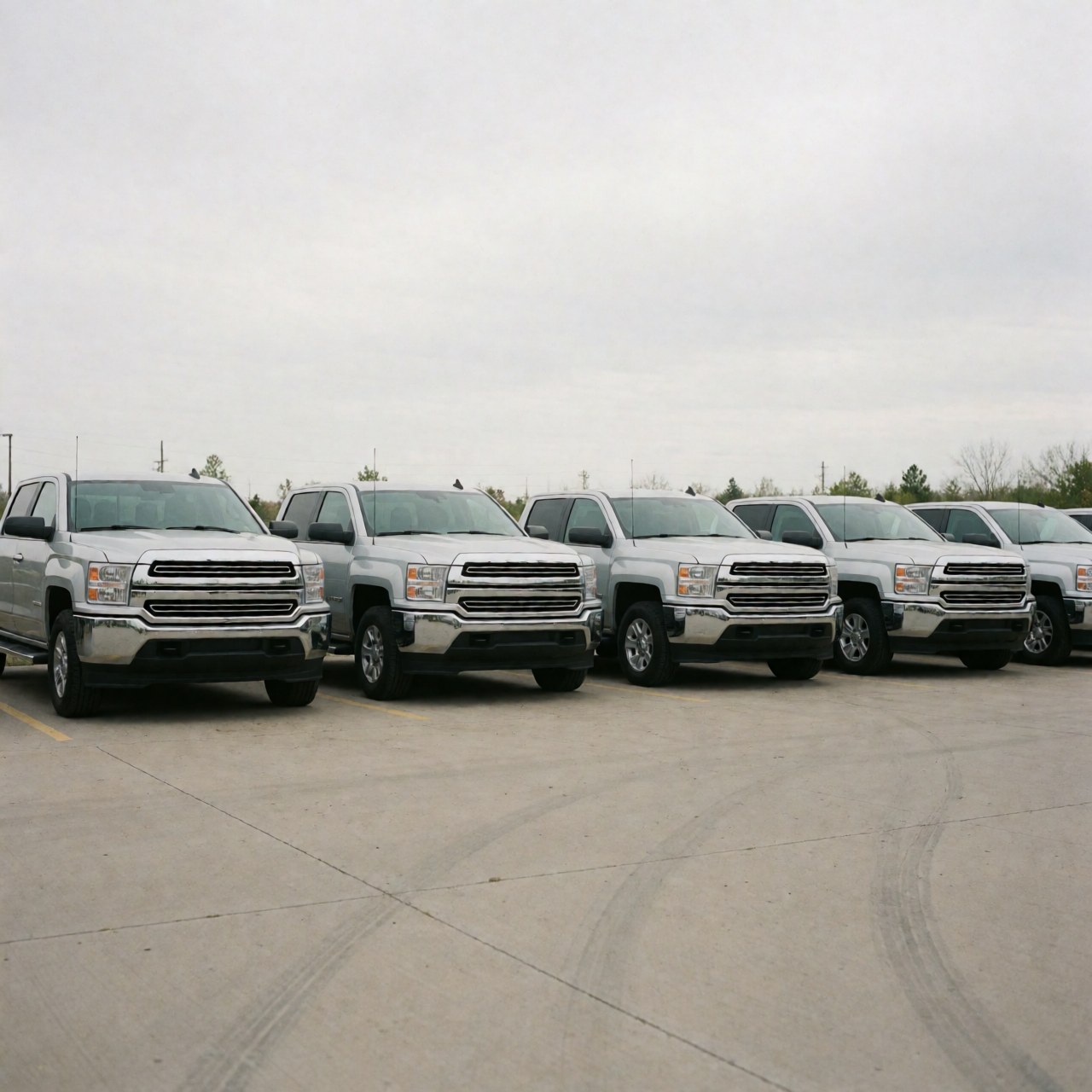 Vue large d'une rangée de camions pick-up argentés sur un terrain en béton sous un ciel nuageux, idéal pour la vente de véhicules.