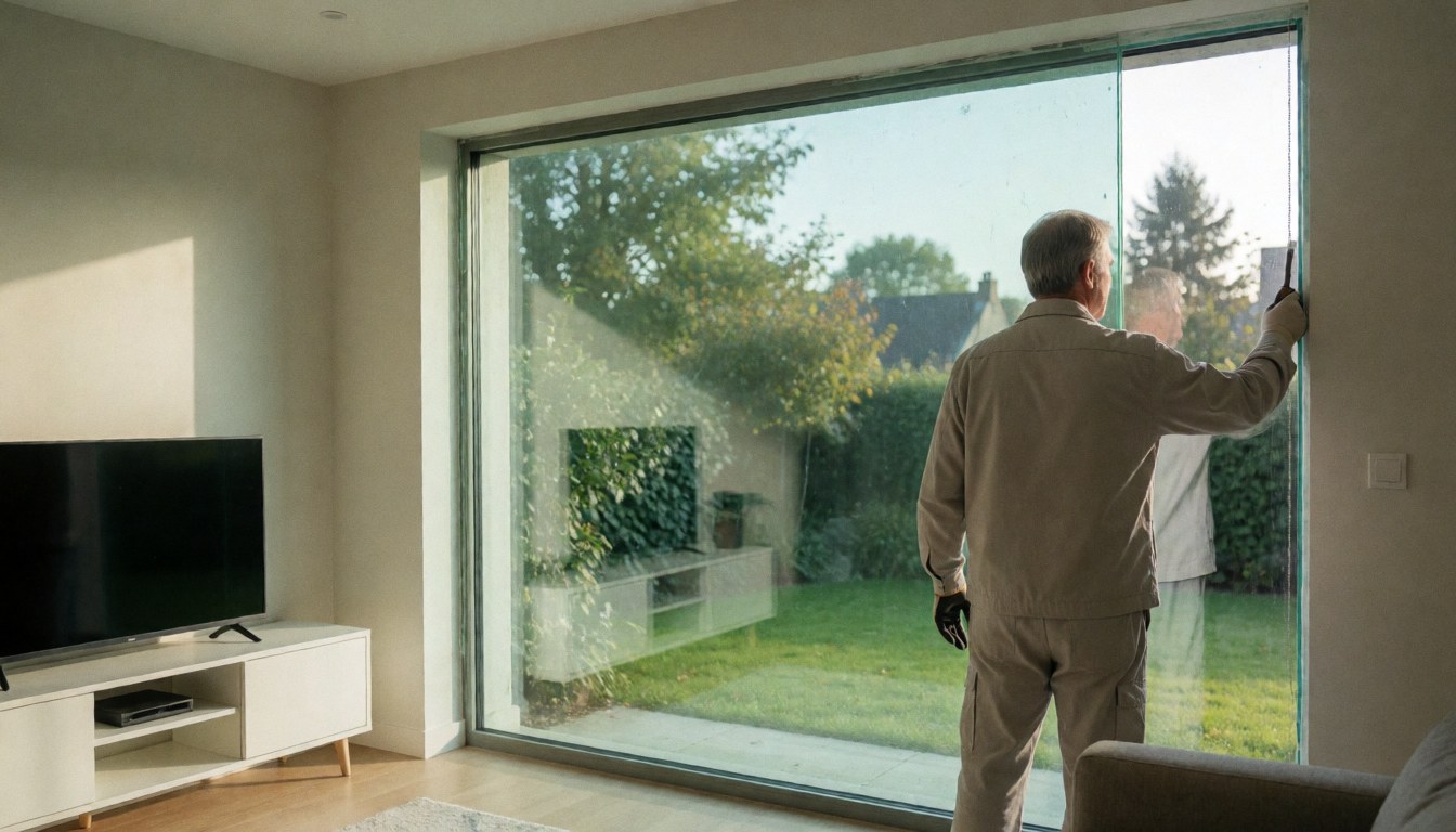 Un ouvrier ajuste l'étanchéité d'une fenêtre à feuillure installée dans un salon moderne avec vue sur un jardin et une lumière naturelle douce.