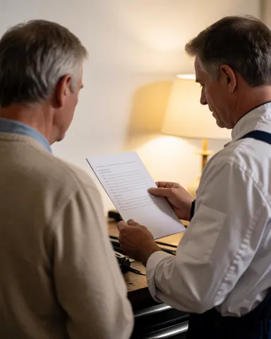Un mécanicien et un client examinent ensemble une checklist dans un atelier de motos éclairé par une lumière chaude aux murs blancs.