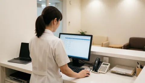 Une réceptionniste en uniforme blanc utilise un ordinateur au bureau. Des chaises d'attente sont visibles en arrière-plan, créant un environnement propre et professionnel.