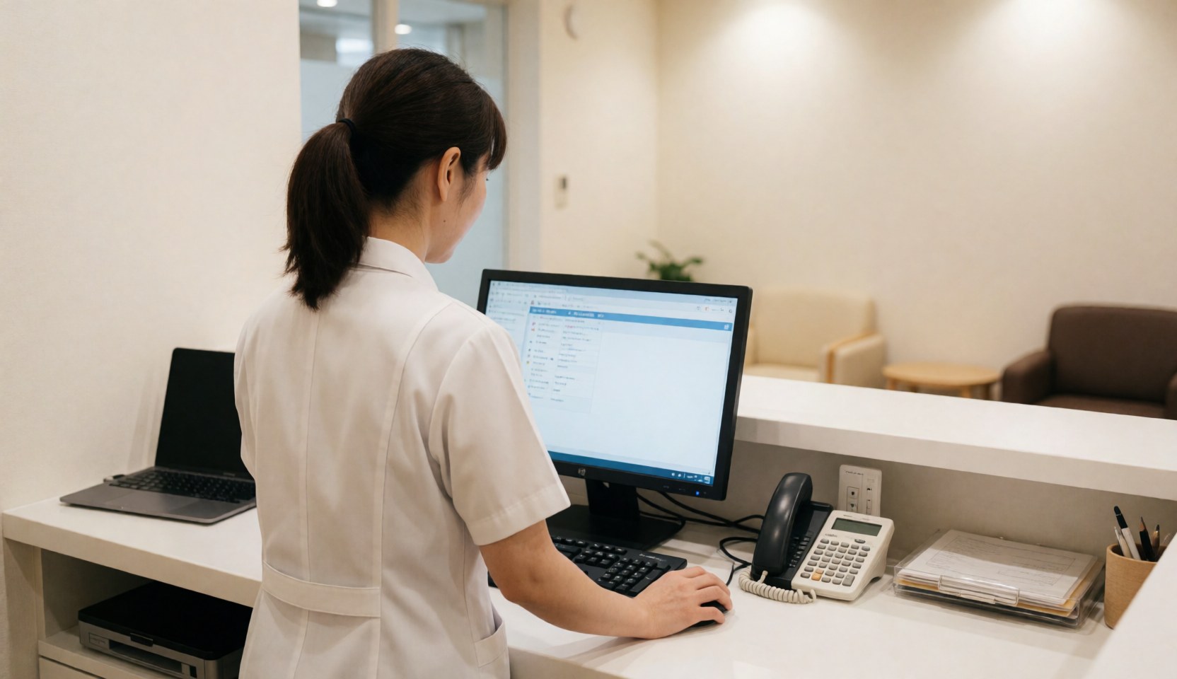Une réceptionniste en uniforme blanc utilise un ordinateur au bureau. Des chaises d'attente sont visibles en arrière-plan, créant un environnement propre et professionnel.