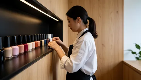 Une manucuriste en uniforme blanc et tablier noir sélectionne un vernis à ongles en gel parmi des flacons sur une étagère noire, avec un fond en bois clair.