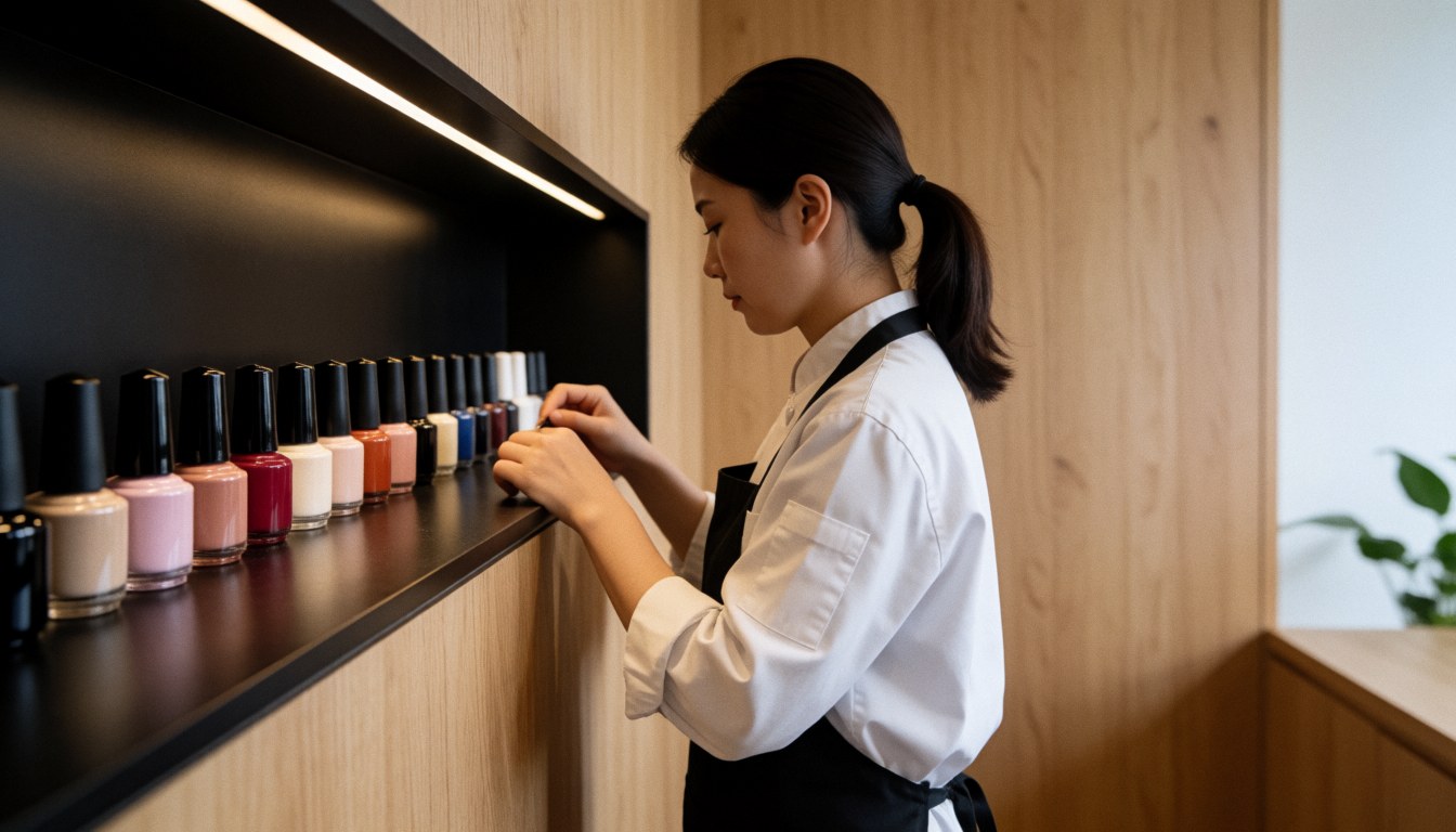 Une manucuriste en uniforme blanc et tablier noir sélectionne un vernis à ongles en gel parmi des flacons sur une étagère noire, avec un fond en bois clair.