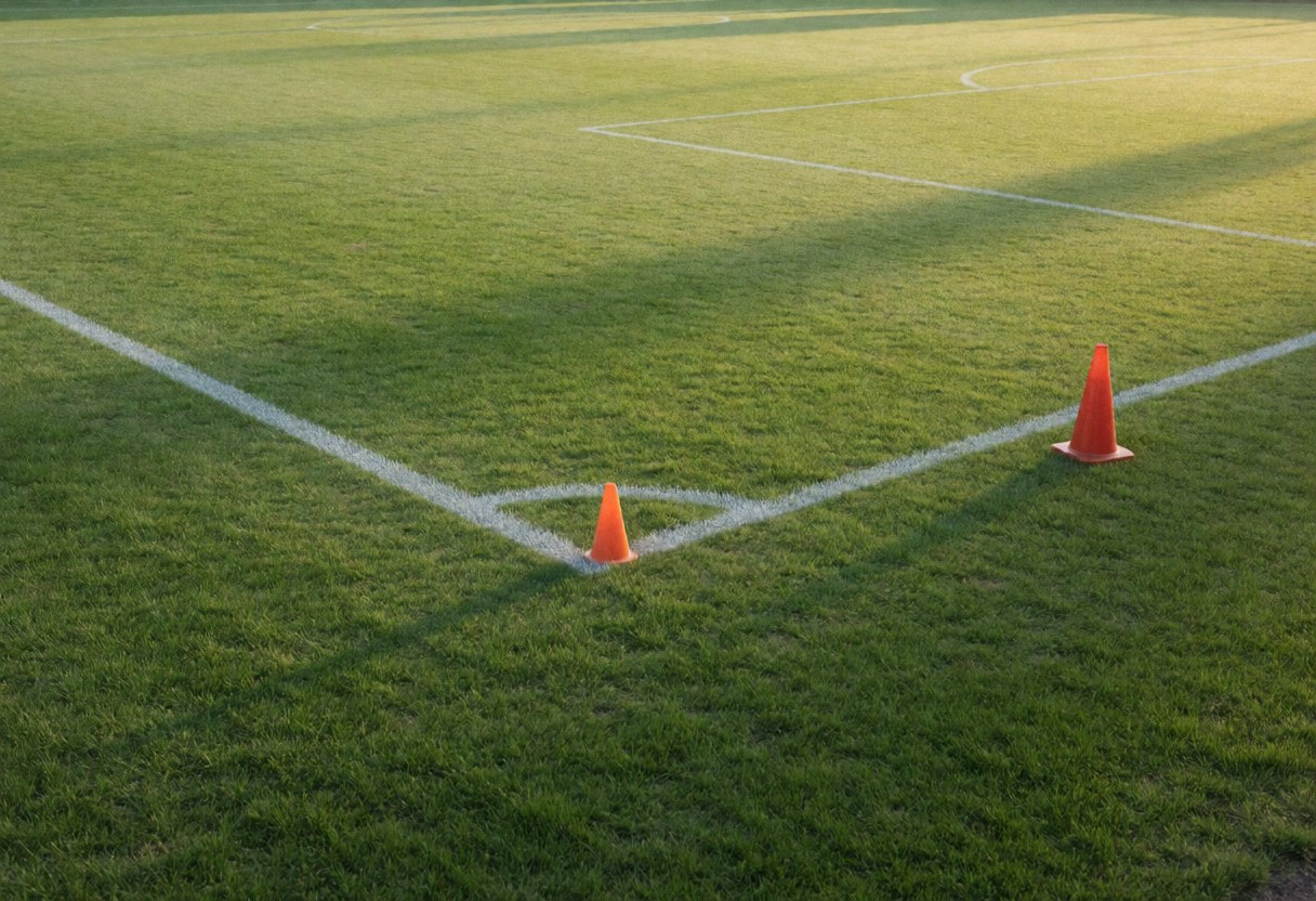 Terrain de football naturel avec lignes blanches, deux cônes orange près du coin et longues ombres de la lumière de l'aube, idéal pour entraîneur de football.