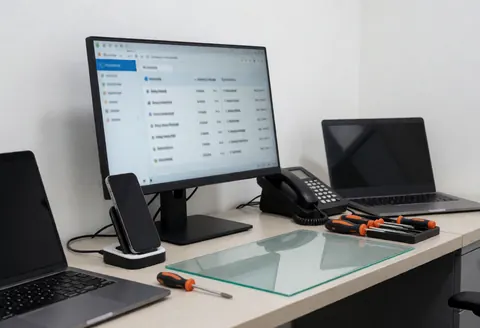 Bureau de réparation de téléphones avec moniteur, tournevis et téléphone sur chargeur, dans un environnement propre et professionnel.