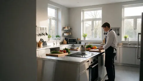 Personne tranchant des légumes frais sur un plan de travail dans une cuisine moderne aux murs gris et aux grandes fenêtres, créant une ambiance propre et professionnelle adaptée à un hostel.