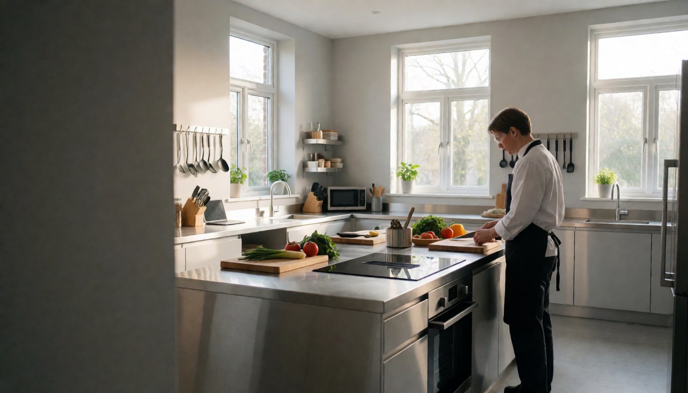 Personne tranchant des légumes frais sur un plan de travail dans une cuisine moderne aux murs gris et aux grandes fenêtres, créant une ambiance propre et professionnelle adaptée à un hostel.